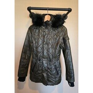 Michael Kors Quilted Women Long Puffer Coat w/ Fur Hoodie, Color Olive,‎ Size XS